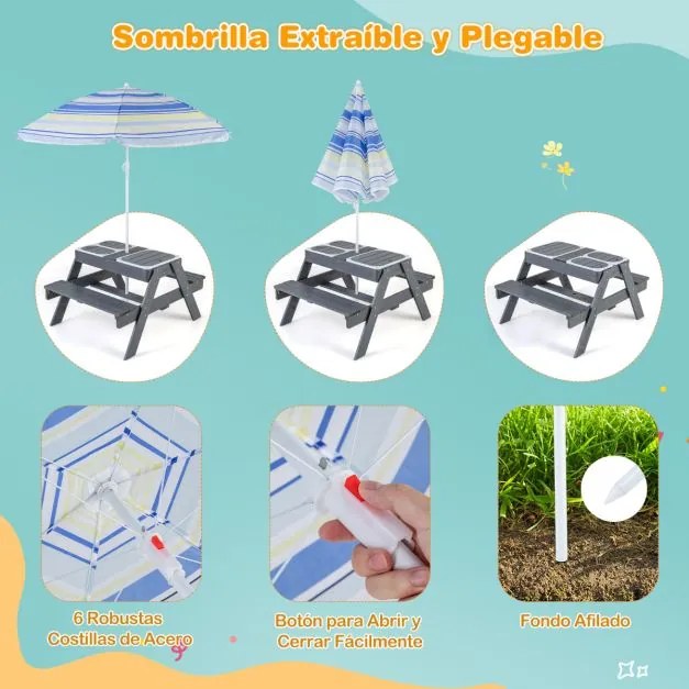 Conjunto de mesa de piquenique 4 em 1 para crianças com 3 recipientes Tampas amovíveis Guarda-sol convertível em madeira, dobrável e ajustável