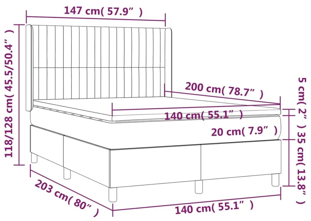 Cama box spring c/ colchão e LED 140x200 cm tecido cinza-claro