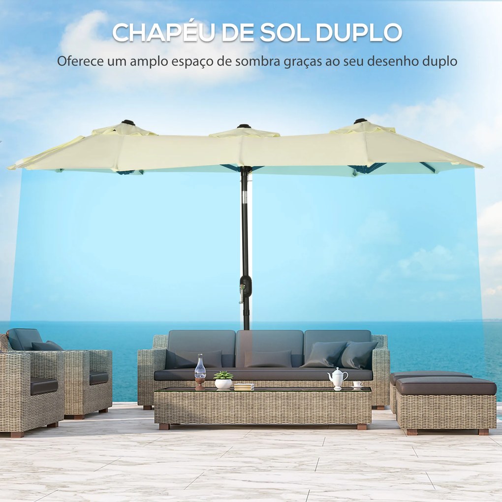 Outsunny Chapéu de Sol Duplo 285x147x227cm Chapéu de Sol de Jardim com Inclinação de 45° Manivela Estrutura de Aço para Pátio Varanda Piscina Bege