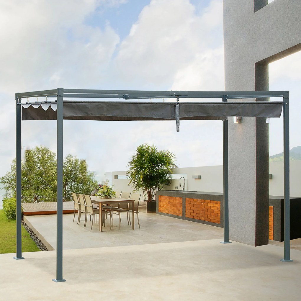 Outsunny Pérgola 3x2m Pérgola de Jardim com Teto Retrátil de Poliéster com Revestimento Resistente para Celebrações Festas Casamento Cinza