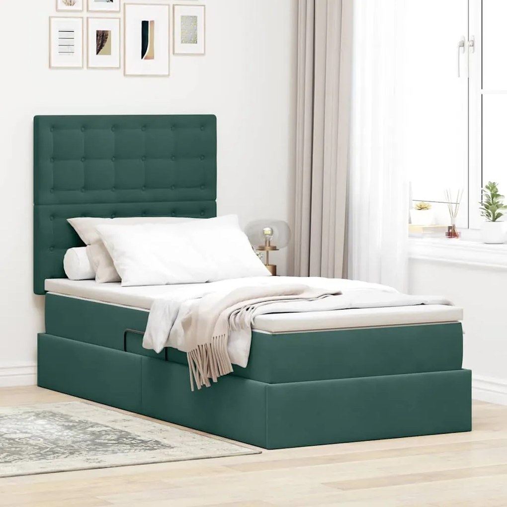 vidaXL Cama com arrumação e colchão Verde Escuro 90 x 200 cm Veludo