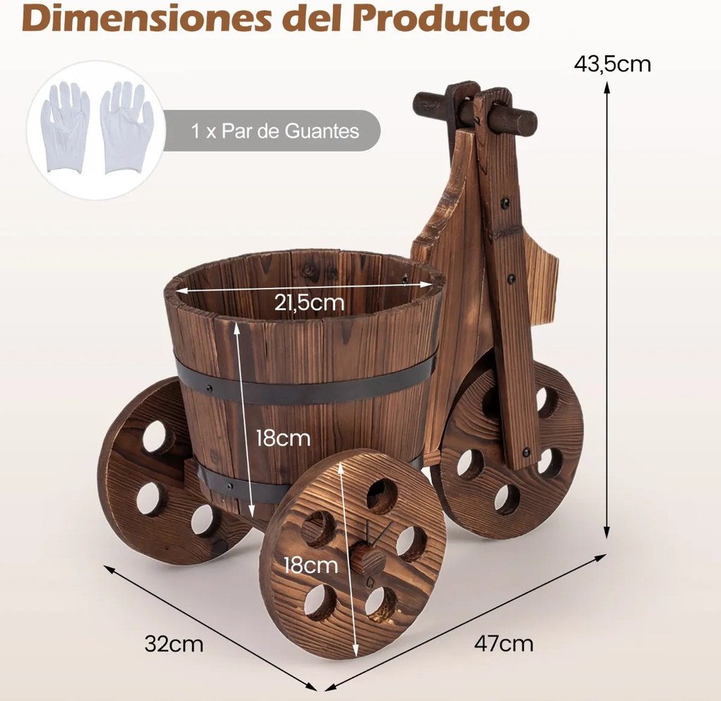 Floreira jardim rústica em madeira para triciclo 47 x 32 x 43,5 cm, vaso em forma de barril com orifício de drenagem para o cultivo de legumes e flore