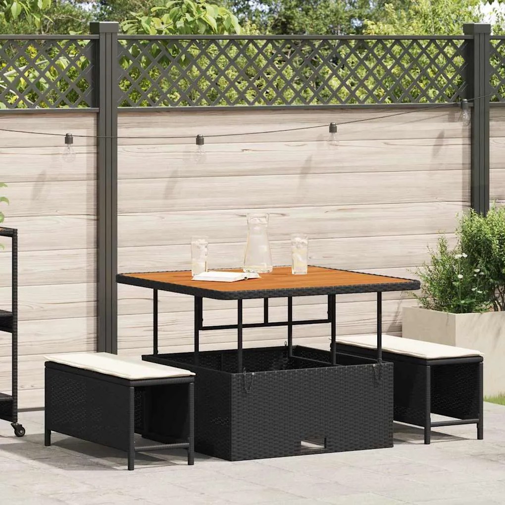 Conjunto de Jantar de Jardim com 3 Peças e Almofadas Preto em Rattan P
