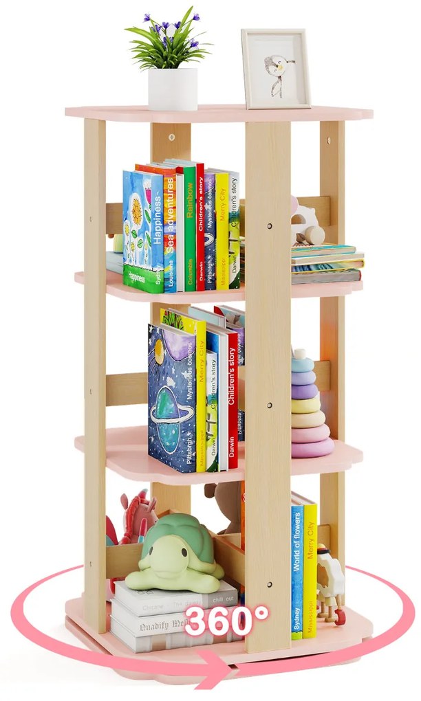 Estante giratória para crianças com 360° de rotação, 3 níveis e 12 compartimentos 48 x 48 x 95,5 cm Rosa
