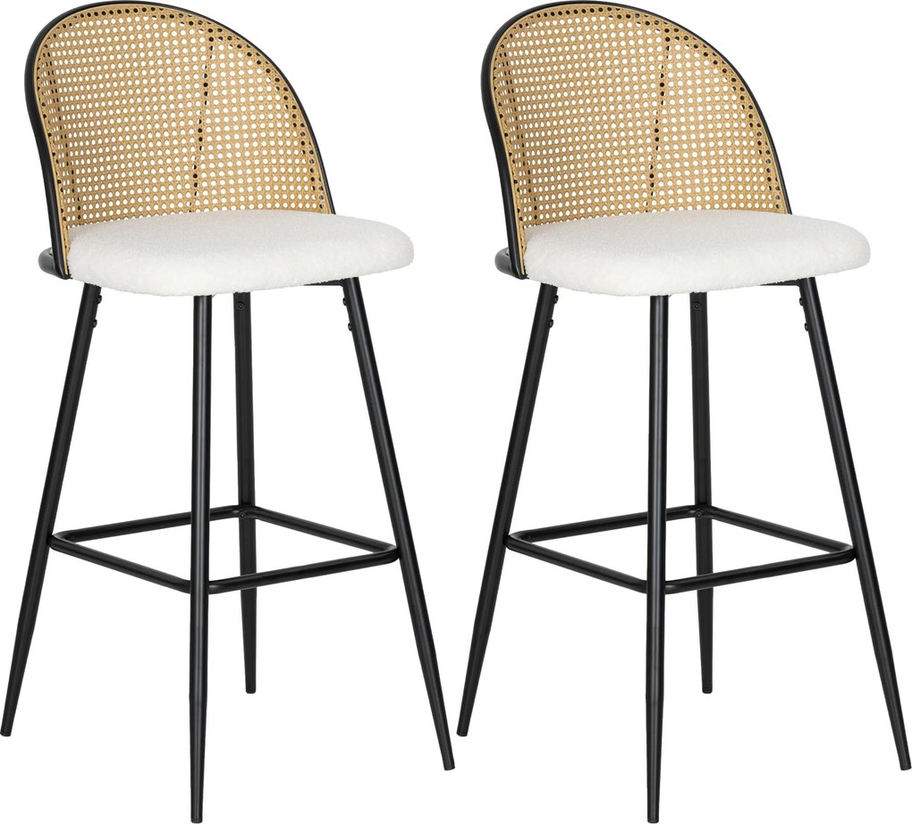 Conjunto de 2 Bancos de Bar Altos de Cozinha (MESA NÃO INCLUIDA) com Encosto de Vime Assento Estofado em Borrego 48x54x102 cm Creme
