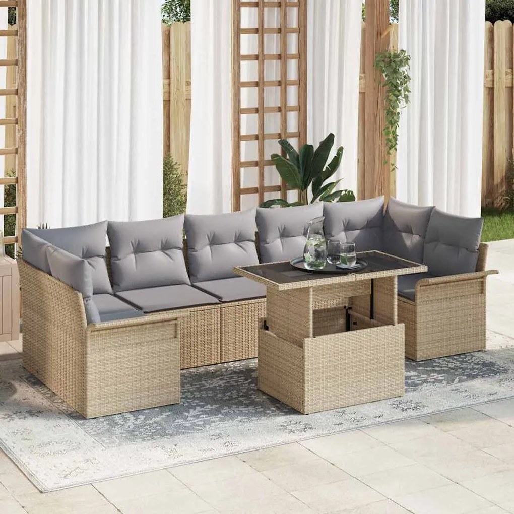 vidaXL Conjunto de Sofá de Jardim com 8 Peças e Almofadas Beiges em Rattan Sintético