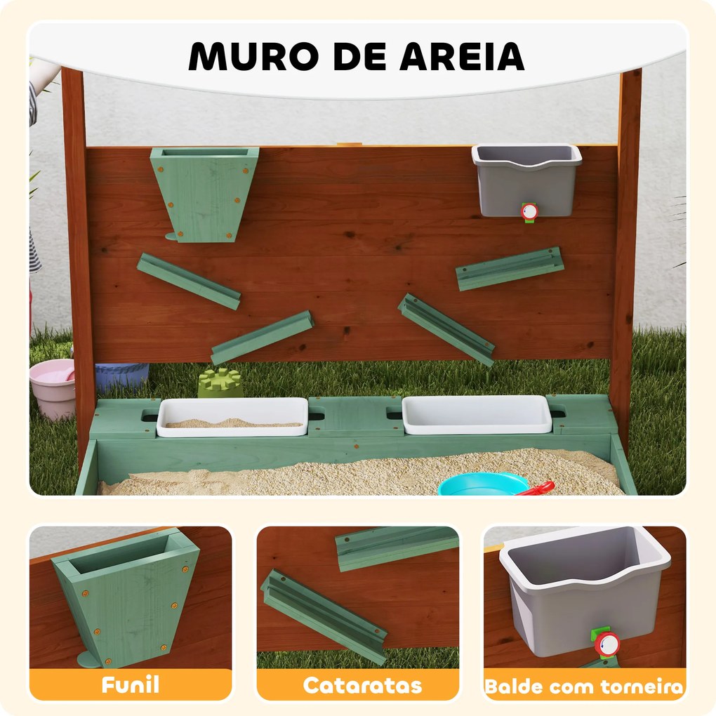 Caixa de Areia para Crianças de Madeira com Teto 2 Assentos 2 Caixas Torneira Funil 116x112,5x128 cm Verde