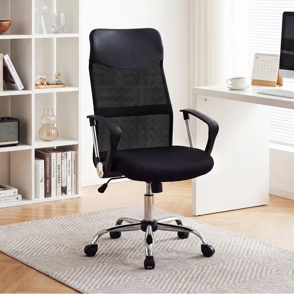 Cadeira de escritório ergonómica com rodas, altura 112-122 cm, braços, encosto em malha e couro PVC, reclinação, capacidade de 150 kg, preta