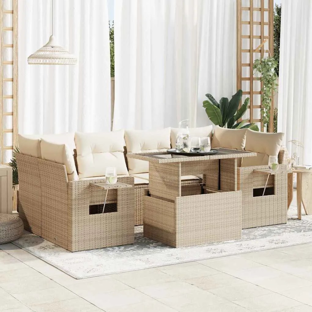 vidaXL 7 pcs conjunto de sofás p/ jardim com almofadões vime PE bege