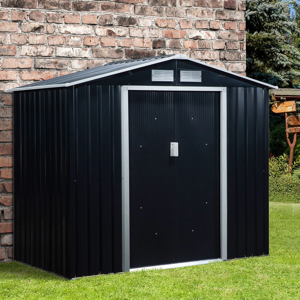 Abrigo de Jardim 213x130x185cm Abrigo de Jardim Metálico de Exterior para Armazenamento de Ferramentas com 2 Portas Deslizantes e 4 Janelas para Terra