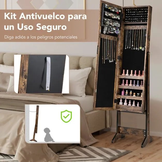 Armário para joias com espelho de corpo inteiro  35 x 30 x 144 cm e 3 ângulos ajustáveis Organizador de joias 2 em 1 Natural