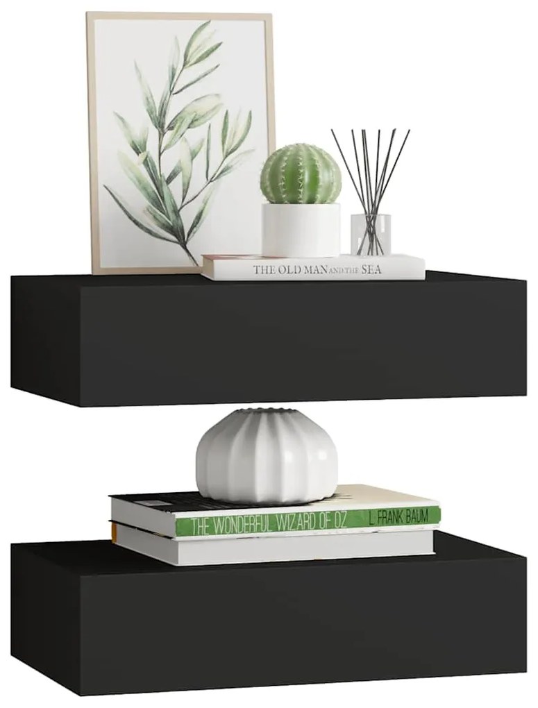 Prateleiras de parede com gavetas 2 pcs MDF 40x23,5x10 cm preto