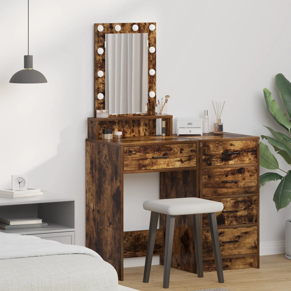 Mesa de Maquilhagem vidaXL com Luzes LED Carvalho Fumado 50x41x140 cm