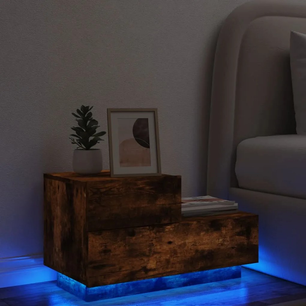 Mesa de Cabeceira Tulipa com 2 Gavetas e Luzes LED - Madeira Rústica -