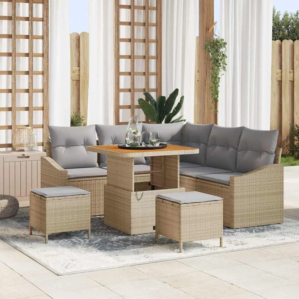 Conjunto de Sofá de Jardim vidaXL com Almofadas Bege Rattan Polipropileno Acácia