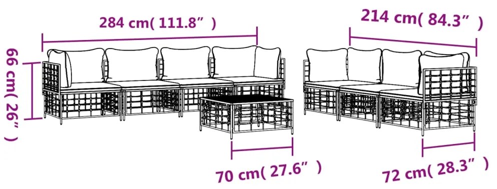 8 pcs conjunto lounge de jardim c/ almofadões vime PE antracite