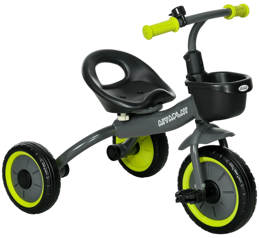 AIYAPLAY Triciclo para Crianças de 2 a 5 anos com Assento Ajustável Cesta Buzina e Pedais e 3 Rodas 70,5x53x58 cm Cinza e Verde | Aosom Portugal