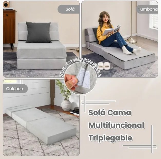 Sofá-cama dobrável 3 em 1 Colchão de espuma de densidade 3 em 1 Cobertura amovível e lavável Cama de hóspedes portátil 190 x 71 x 15 cm Cinzento