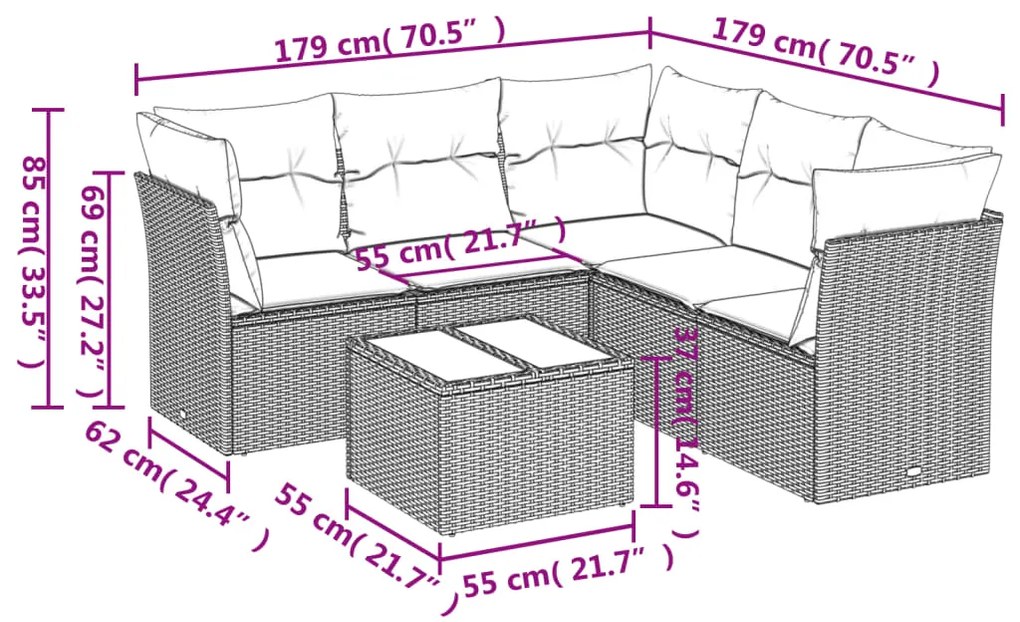 6 pcs conj. sofás jardim com almofadões vime PE cinzento-claro