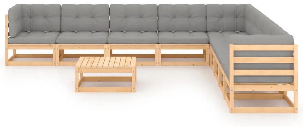 10 pcs conjunto lounge de jardim c/ almofadões pinho maciço