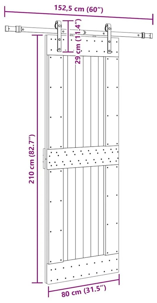 Porta de correr com ferragens 80x210 cm madeira de pinho maciça