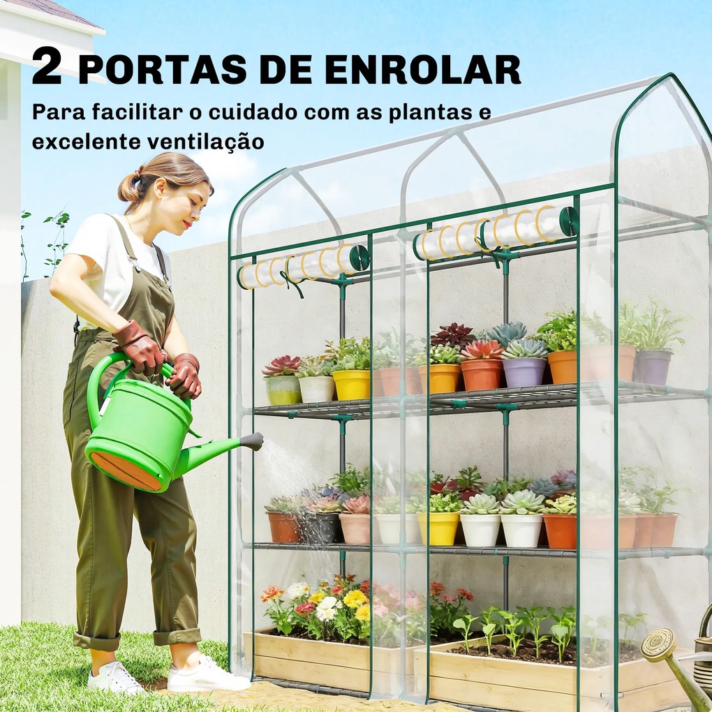 Estufa Pequena de 3 Níveis 2 Portas Enroláveis Estrutura de Aço Cobertura de Plástico 143x46x165 cm Transparente