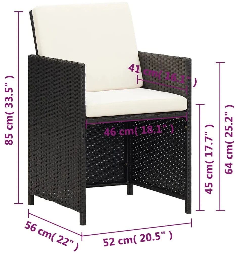 Cadeiras de jantar p/ jardim com almofadões 4 pcs vime PE preto
