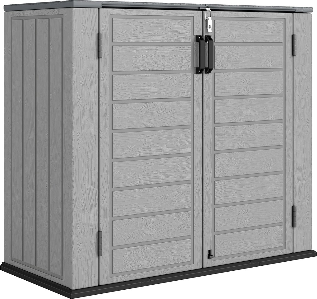 Abrigo de Jardim Exterior de HDPE 940L com Tampa Dobrável e 2 Portas, Fecho para Armazenamento 142x67x119 cm Cinzento Claro