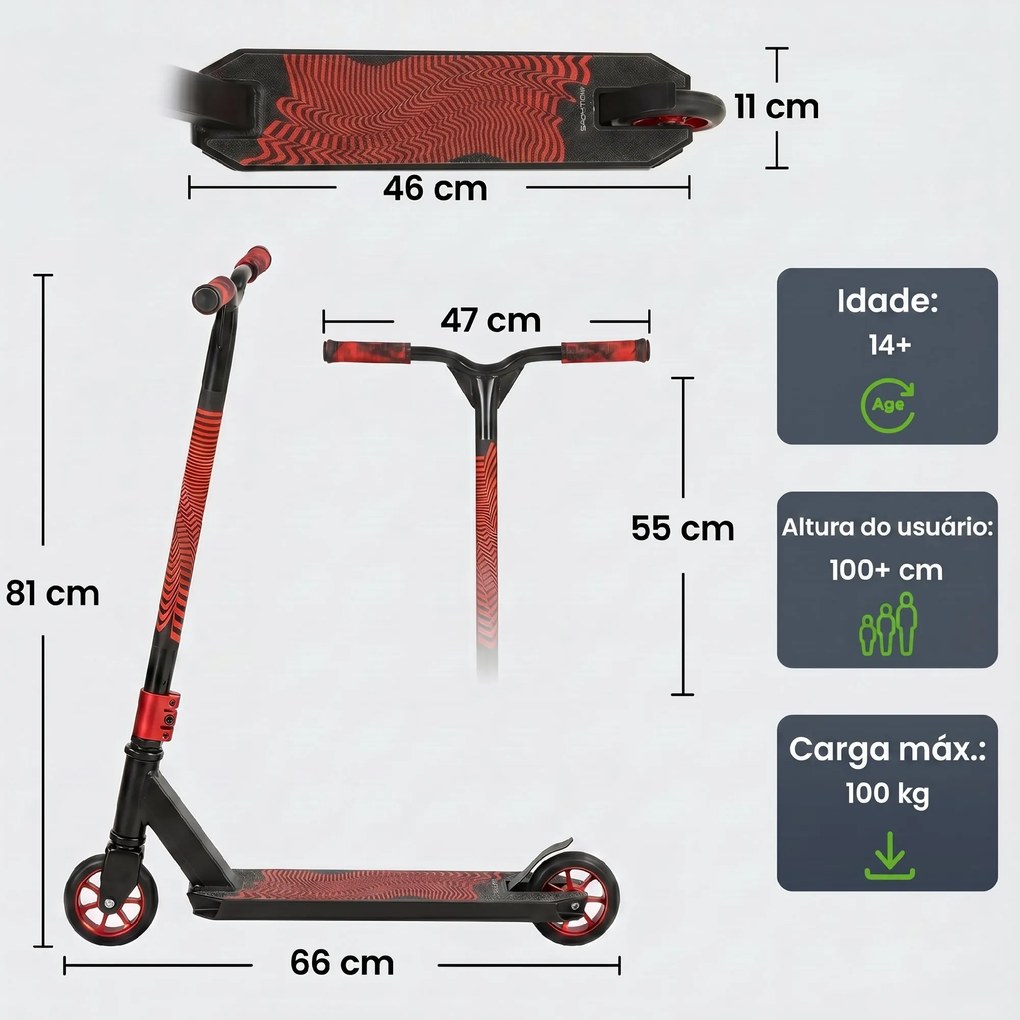 Trotinete Acrobática com Guiador 360° Rolamentos ABEC-9 Rodas de PU de 120 mm Estrutura de Alumínio 66x47x81 cm Vermelho