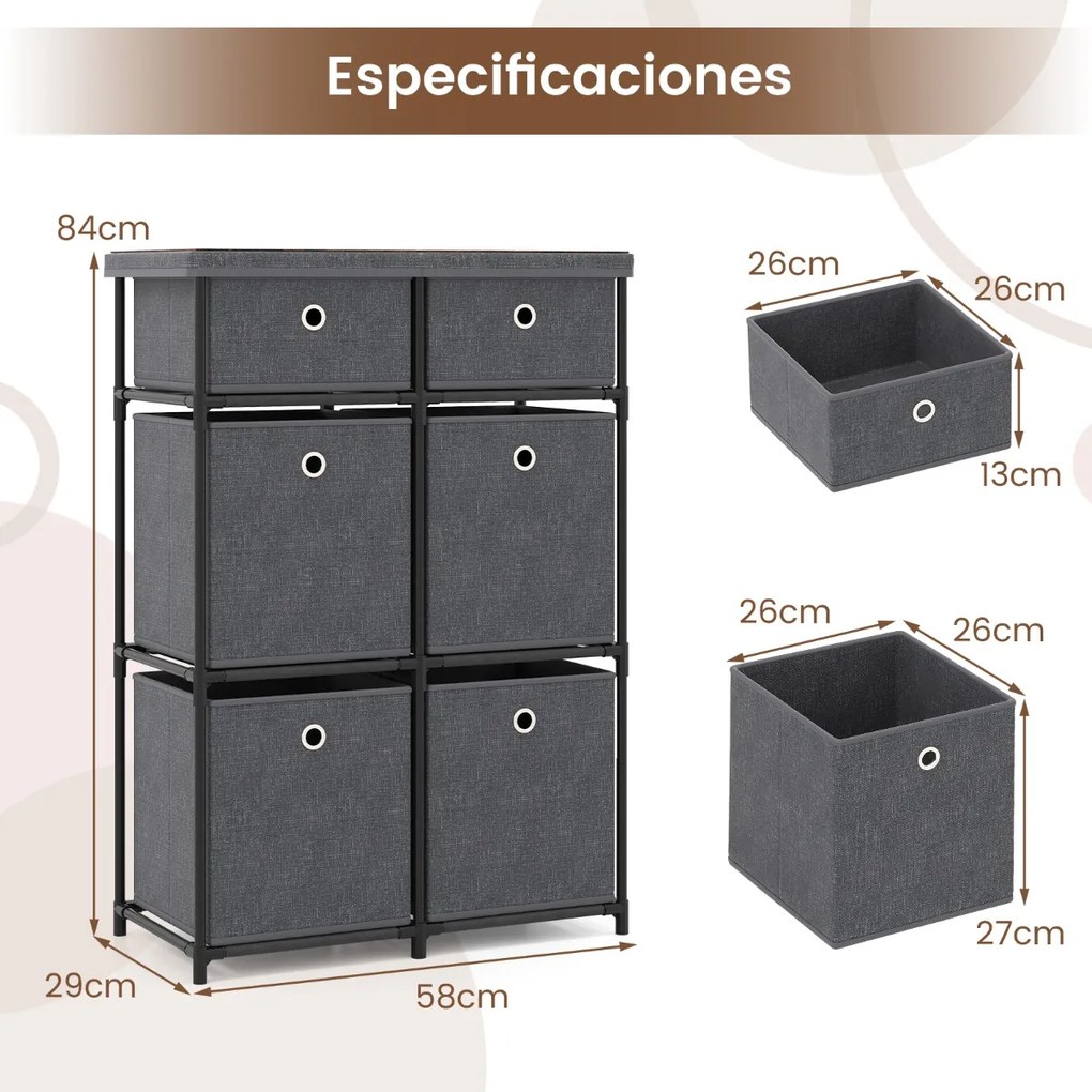 Cómoda com 6 gavetas 58 x 29 x 84 cm, estrutura metálica e cestos de tecido dobráveis para casa, cinza