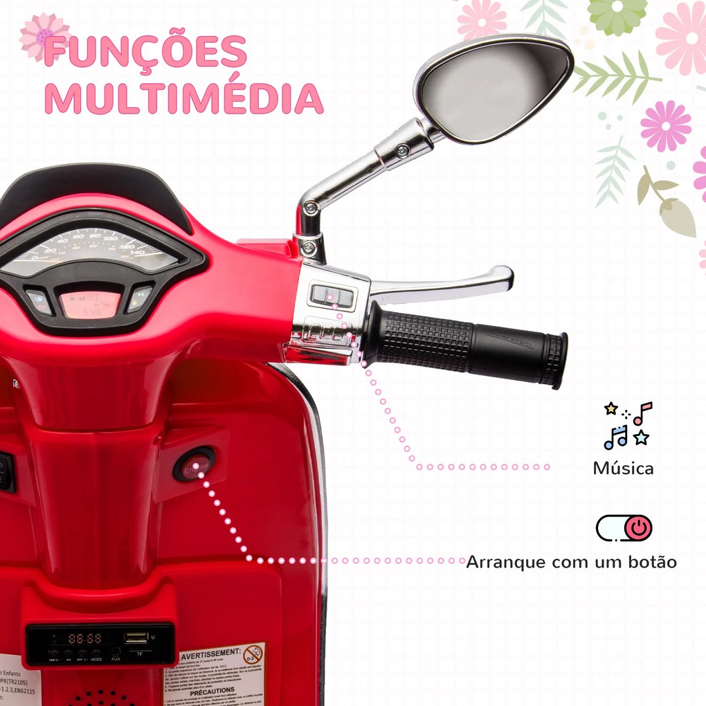 Mota Elétrica para Crianças de 3-6 Anos com Licença Vespa com USB MP3 Luz LED Rádio FM Velocidade 3 km/h Vermelho