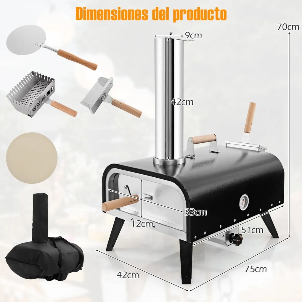 Forno de pizza portátil com pedra para pizza de 30 cm Fogão de pizza multiusos a pellets, carvão de madeira 75 x 42 x 70 cm