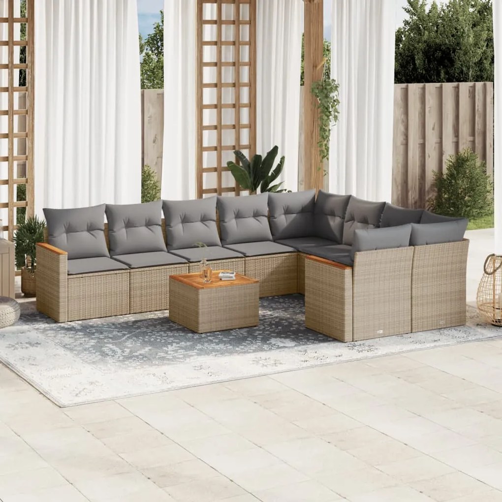 10 pcs conj. sofás jardim c/ almofadões vime PE bege misturado