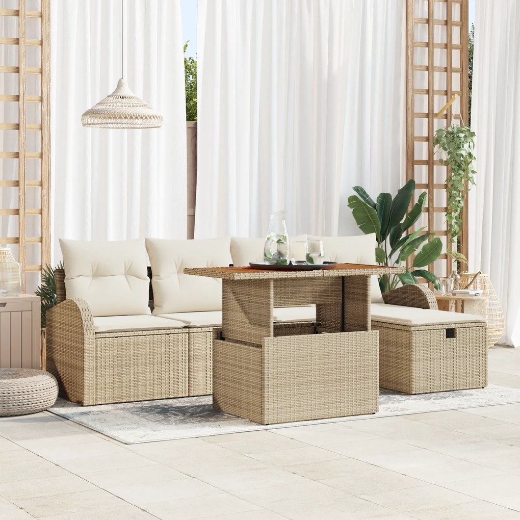 Conjunto de Sofá de Jardim de 6 Peças com Almofadas Bege Rattan Poliés