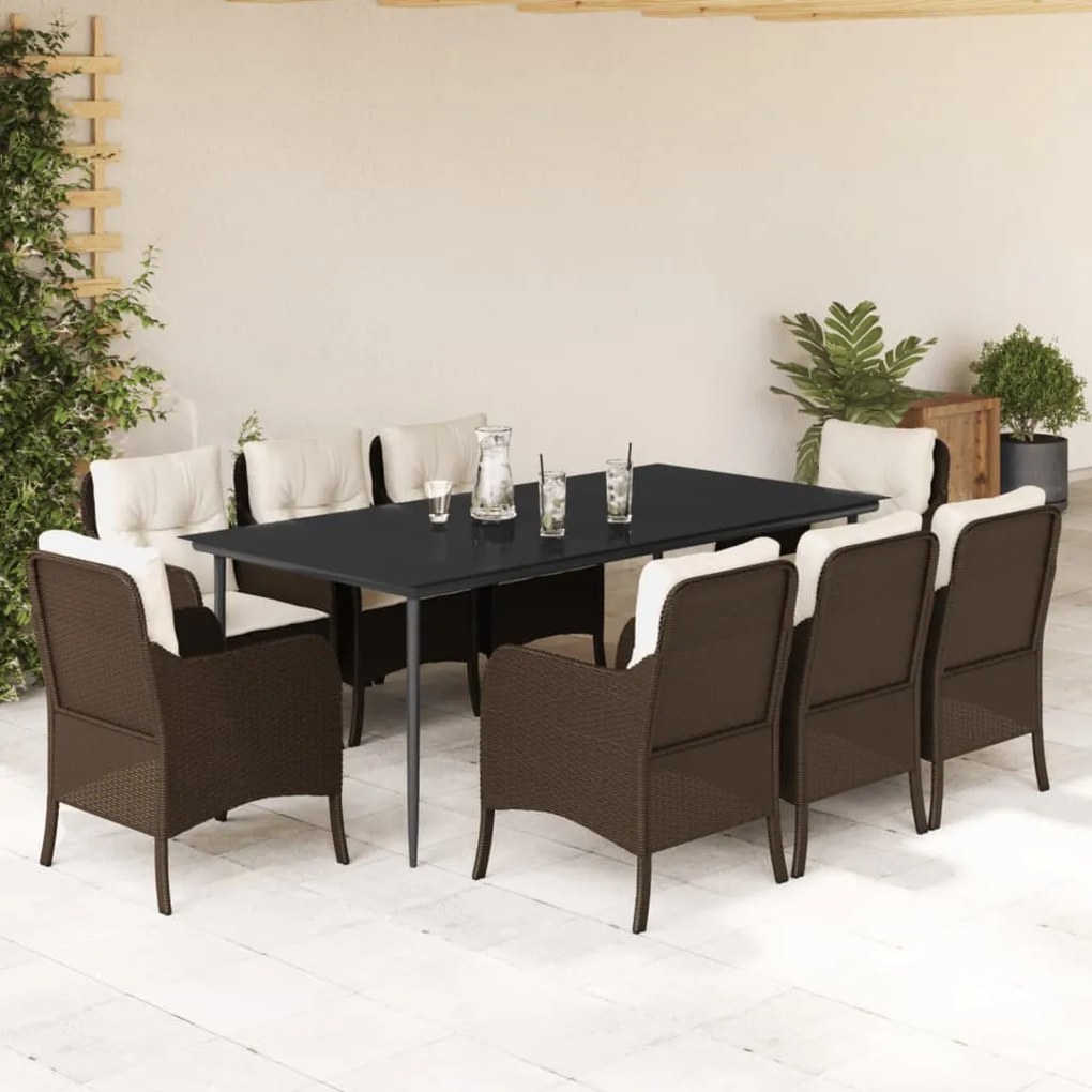 vidaXL 9 pcs conjunto jantar p/ jardim c/ almofadões vime PE castanho