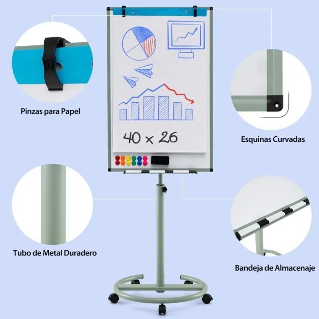 Quadro branco 100 x 65 cm apagável,1 apagador seco, 2 ganchos para papel, 6 marcadores apagáveis e 12 ímanes verdes