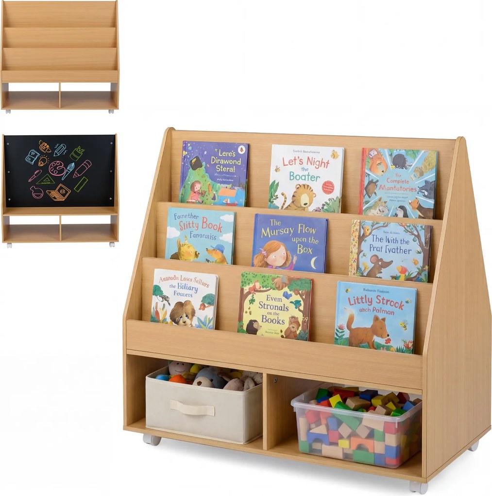 Estante infantil móvel com quadro negro 90 x 45,5 x 87 cm, 3 prateleiras e 2 compartimentos abertos, para arrumação no quarto crianças cor natural