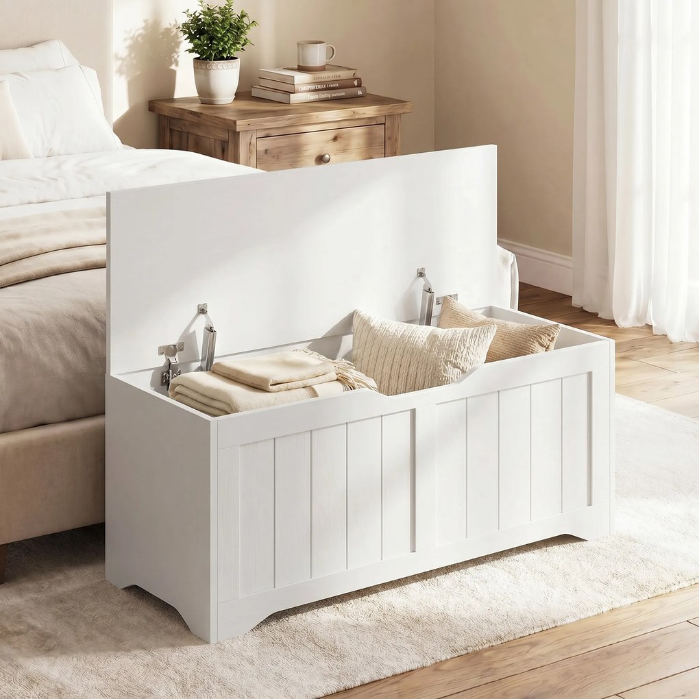 Baú de arrumação de 136 L, 100 x 40 x 45 cm banco com baú com 2 dobradiças de segurança e design sem puxadores, branco