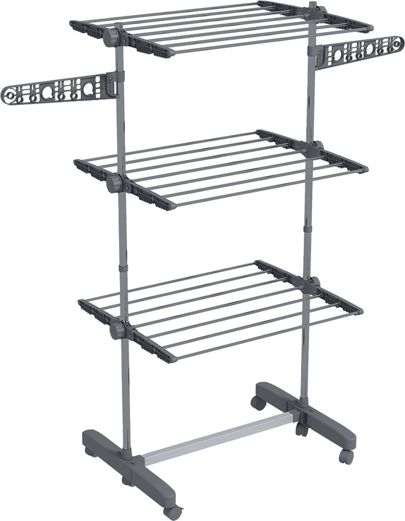 HOMCOM Estendal Dobrável 3 Níveis com Rodas e Aletas 142x55x152 cm Cinza | Aosom Portugal