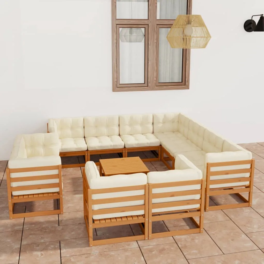 vidaXL 12 pcs conj. lounge jardim almofadões pinho maciço castanho mel