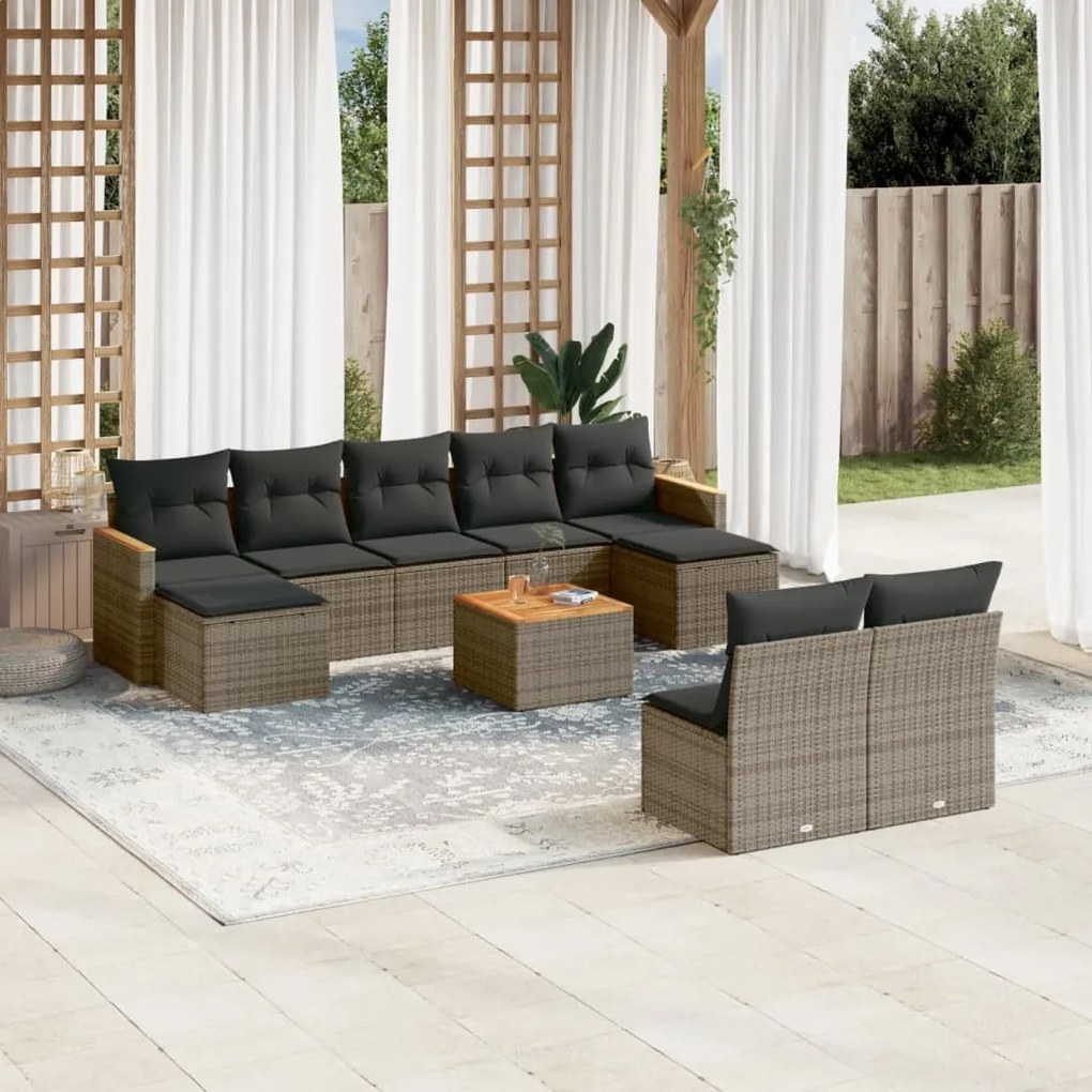 10 pcs conjunto sofás de jardim c/ almofadões vime PE cinzento