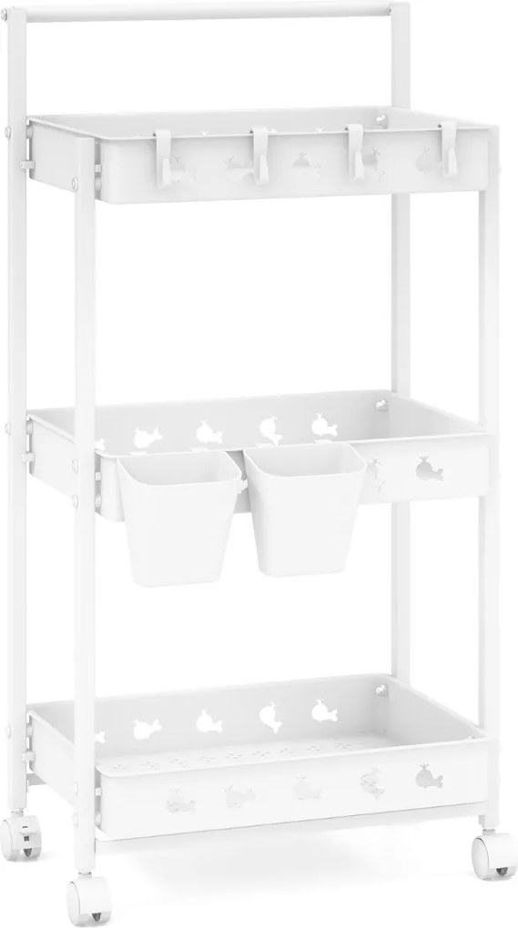Carrinho de arrumação de 3 níveis com 2 copos suspensos 4 ganchos Barra de pega para a sala de estar Quarto Branco