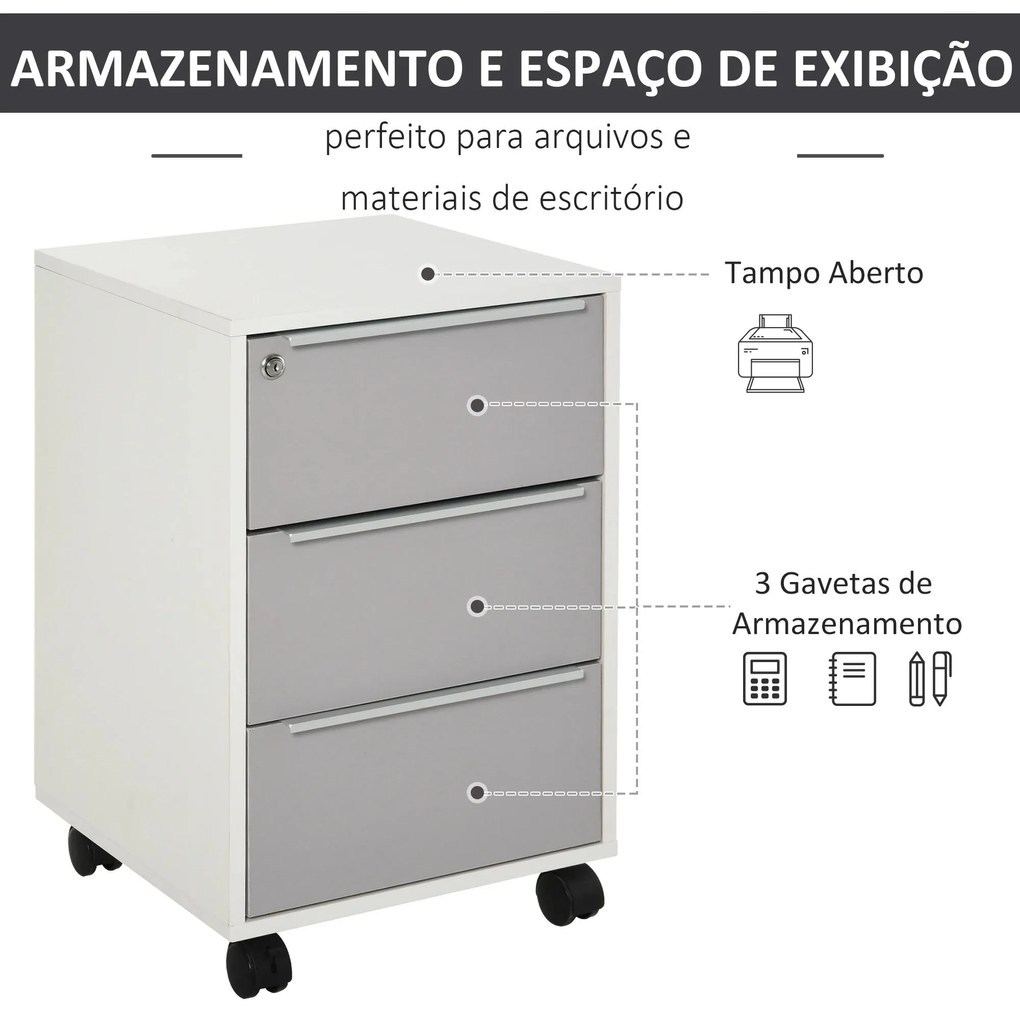 Bloco de Gavetas Móvel de Escritório com 3 Gavetas Fechadura Rodas e Travão para Documentos 40x40x63,5 cm Branco e Cinza