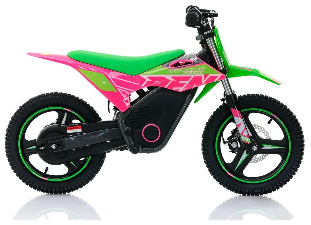 Mini moto elétrica para crianças velocidade até 30Km/h C/Limitador RFN Warrior SX-E350 14/14” 350W Verde e Rosa
