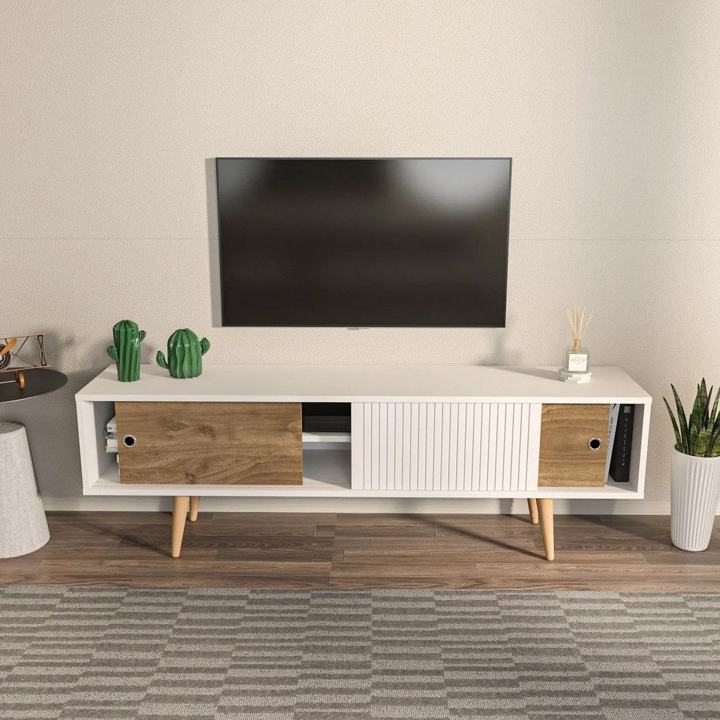 Móvel TV Ecrin – Branco e Nogueira – 160 cm x 45 cm x 34,5 cm