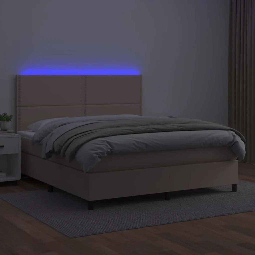 Cama box spring c/colchão/LED 180x200cm couro artif. cappuccino