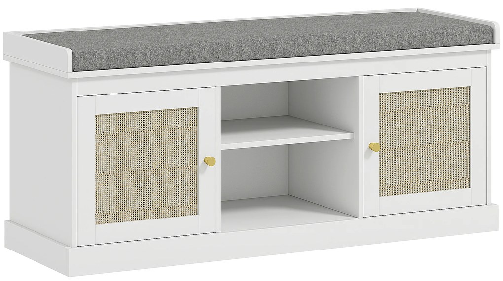 Banco Sapateira com Assento Acolchoado Portas em Vime e Prateleira Aberta para 9 Pares de Sapatos 105x35x47 cm Branco