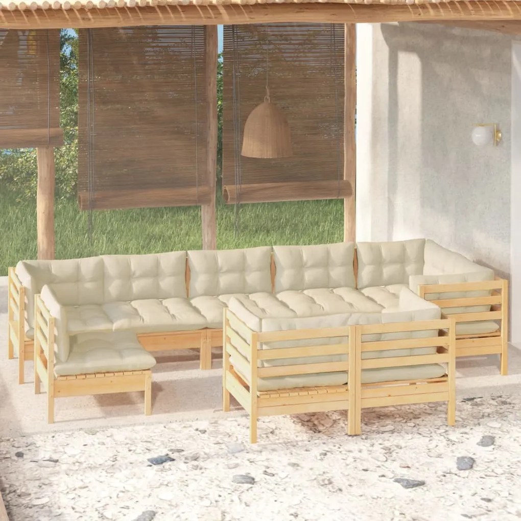 vidaXL 9 pcs conjunto lounge jardim c/ almofadões creme pinho maciço