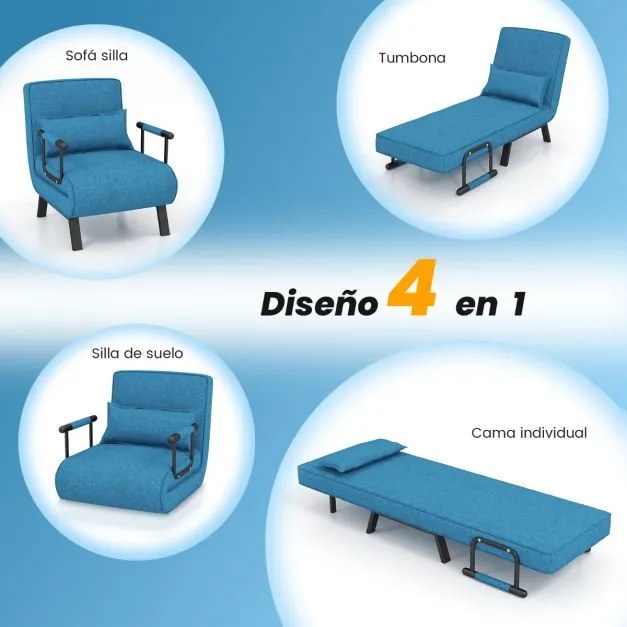 Sofá-cama convertível poltrona individual dobrável ajustável Costas ajustáveis Almofada amovível Assento estofado removível para escritório em casa Az
