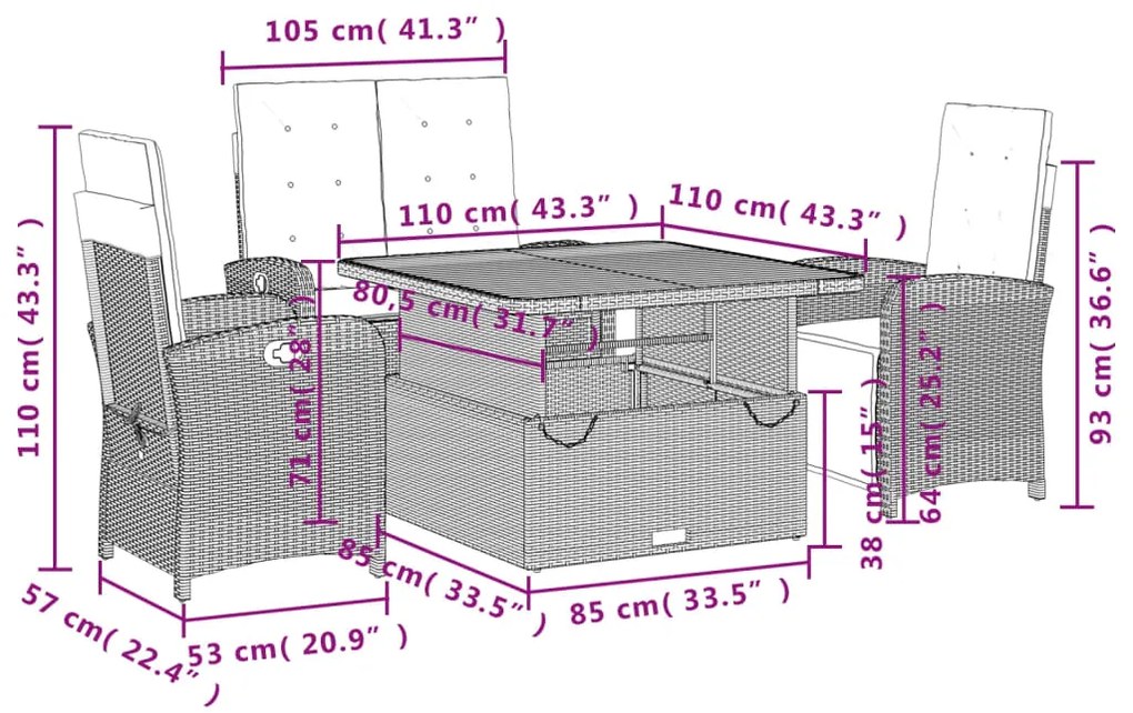 4 pcs conjunto de jardim p/ jardim c/ almofadões vime PE preto